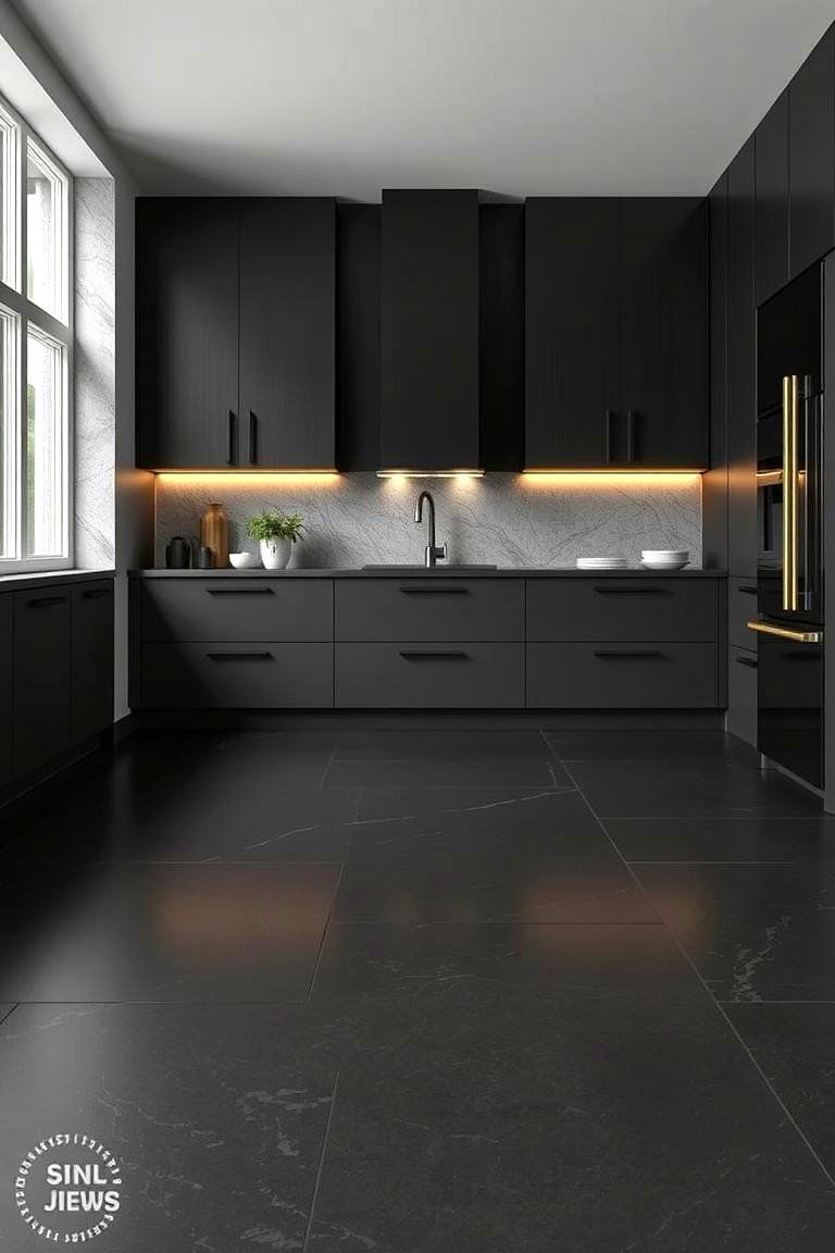 Matte Black Stone Floor - 24 Black Floor Kitchen Ideas