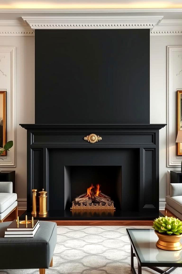 Matte Black with Gold Accents Fireplace - 24 Fireplace Paint Ideas