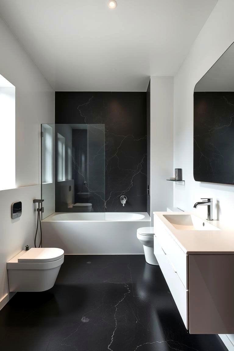 Matte Finish Sophistication - 24 Black Floor Bathroom With White Walls Ideas