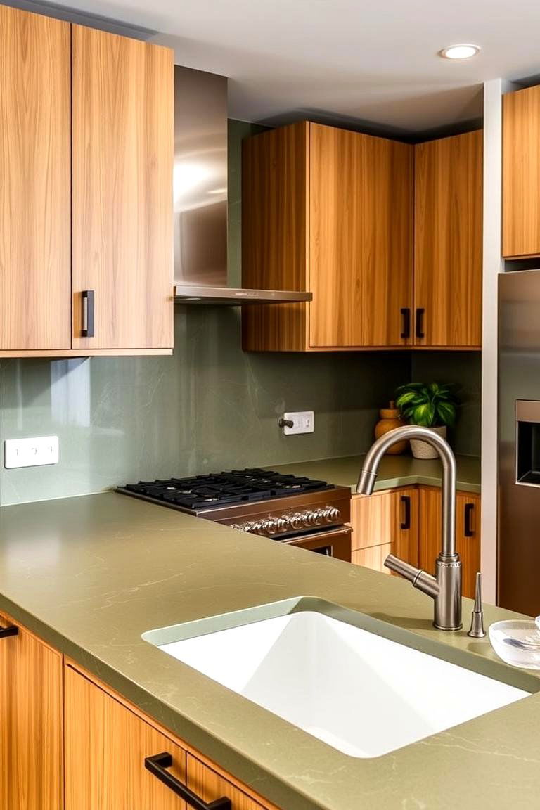 Matte Olive Green Quartz Countertops with Natural Wood Cabinets - 24 Kitchen With Green Countertops Ideas