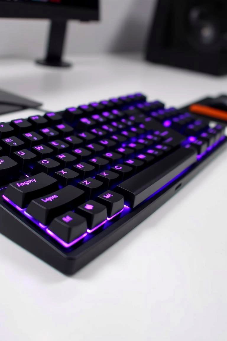 Mechanical Keyboard with Purple Accents - 24 Purple Gaming Setup Ideas
