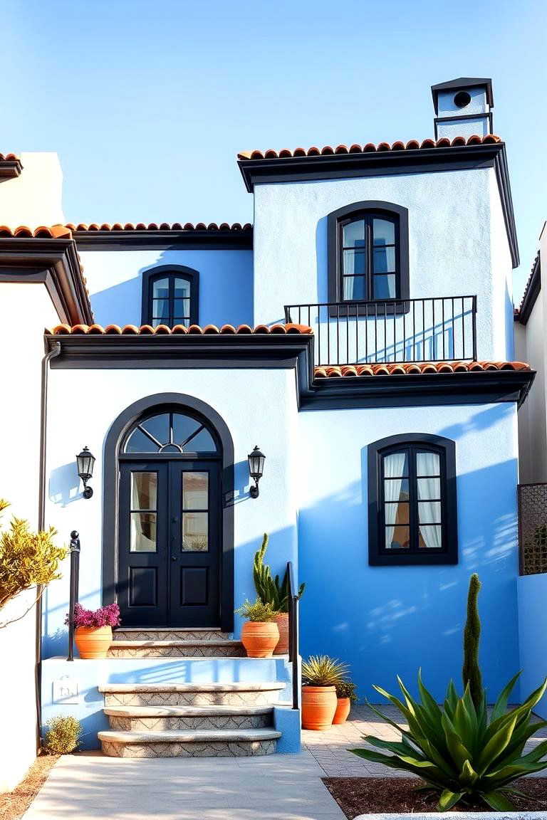 Mediterranean Coastal Vibes - 24 Blue House With Black Trim Ideas