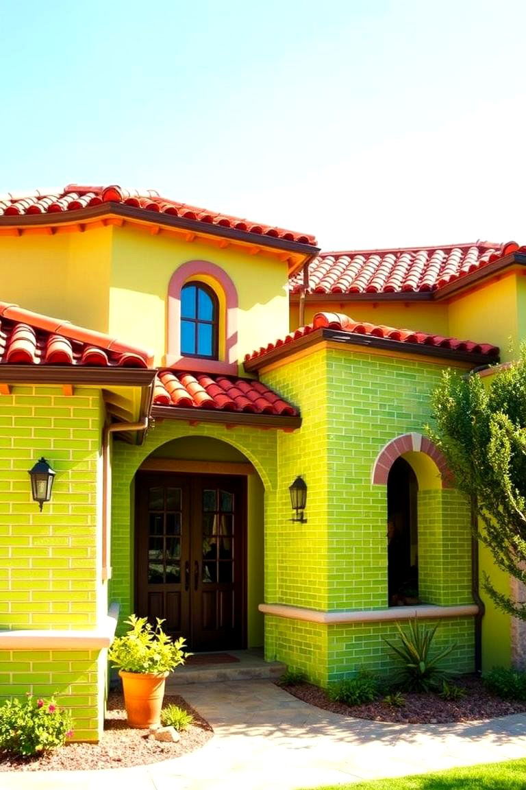 Mediterranean Influence with Lime Green Brick - 24 Green Brick Exterior Home Ideas