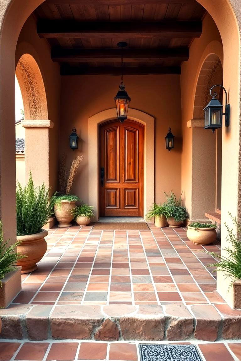 Mediterranean Inspired Porch with Terra Cotta Tiles - 24 Barndominium Front Porch Ideas