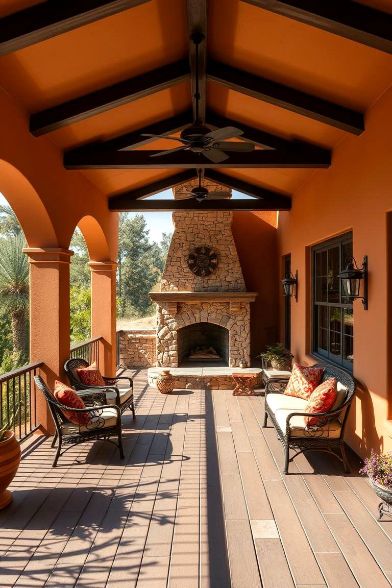 Mediterranean Stucco Warmth - 24 Covered Deck With Fireplace Ideas