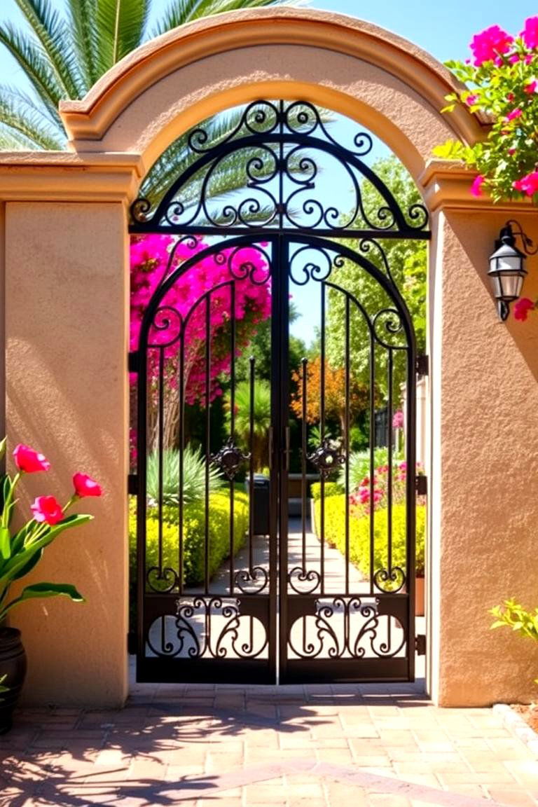 Mediterranean Style Metal Gate with Arched Designs - 24 Metal Garden Gate Ideas