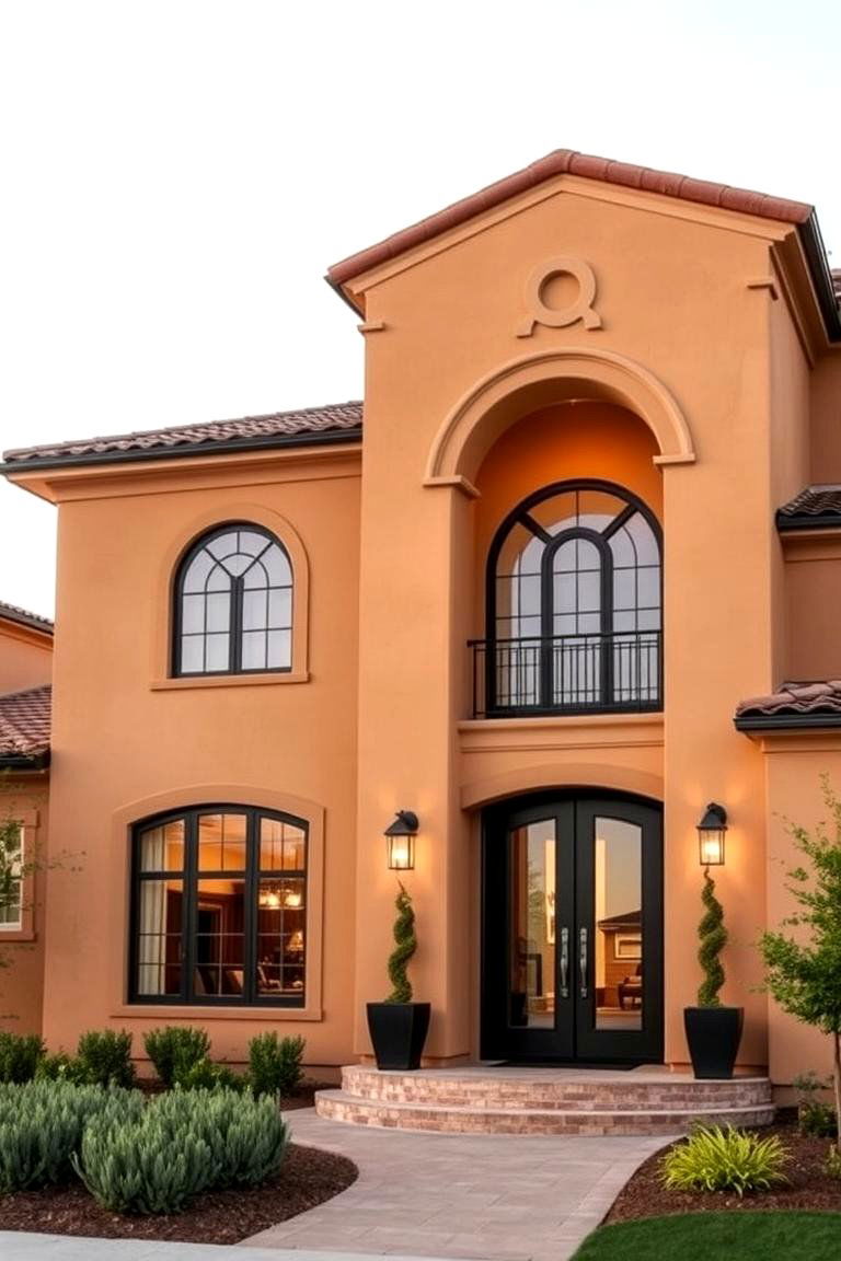 Mediterranean Style Tan House with Elegant Black Trim - 24 Tan House With Black Trim Design Ideas