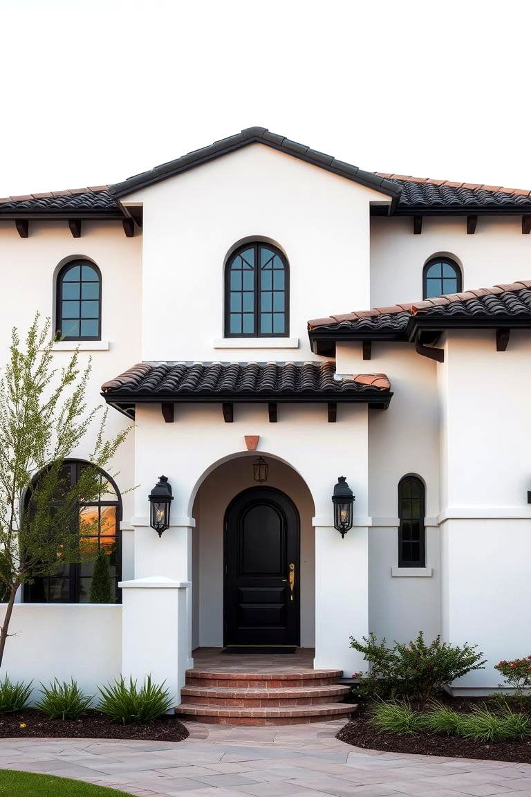 Mediterranean Style with Stucco Walls - 24 White Exterior Home with a Black Roof Ideas