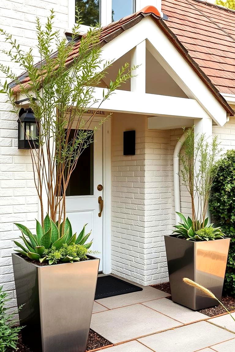 Metal Planters with Sculptural Plants - 24 modern cottage house exterior ideas