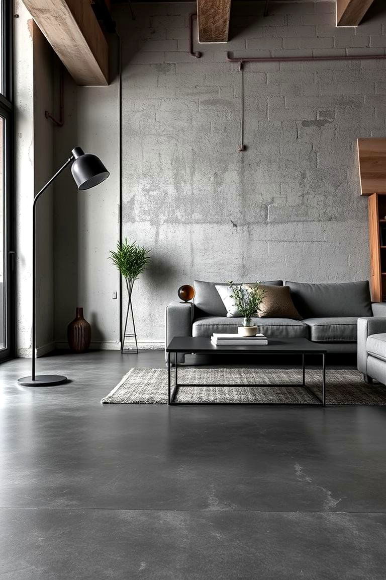 Metallic Accent Allure - 24 Rustic Concrete Floor Living Room Ideas