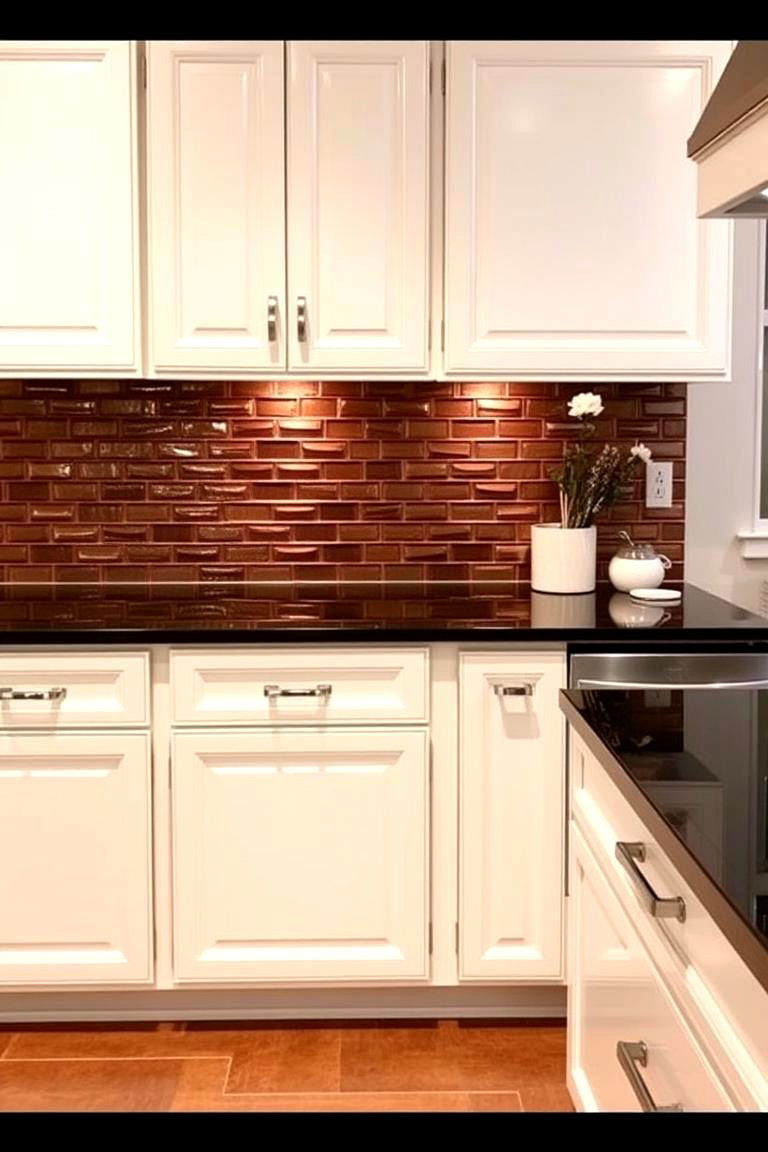 Metallic Accents - 24 Backsplash Ideas for White Cabinets and Granite Countertops