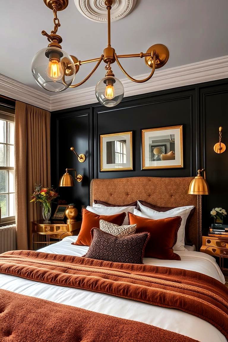 Metallic Accents Adding Shine to Black and Brown - 24 Black and Brown Bedroom Ideas
