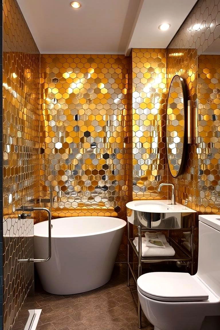 Metallic Accents Hexagon - 24 Hexagon Tiles Ideas for Bathrooms