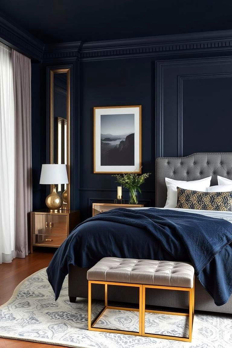 Metallic Accents with Dark Blue - 24 Dark Blue Bedroom Ideas