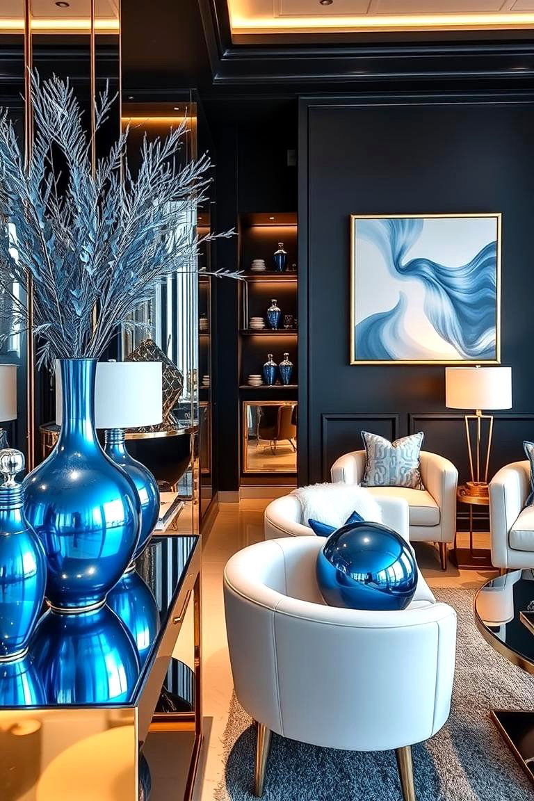 Metallic Blue Finishes for a Touch of Glamour - 24 Blue Living Room Ideas