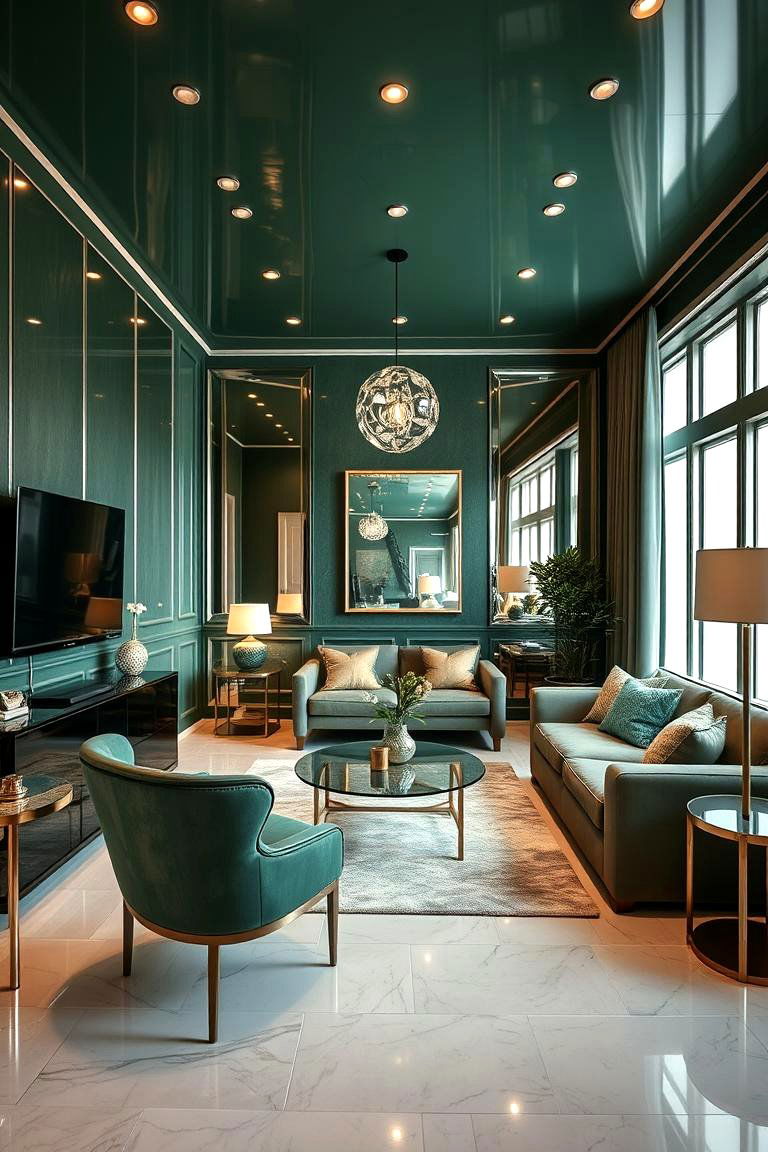 Metallic Dark Green Accents - 24 Dark Green Living Room Ideas