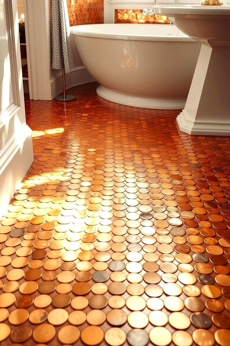 Metallic Penny Tiles - 24 Penny Tile Bathroom Floor Ideas