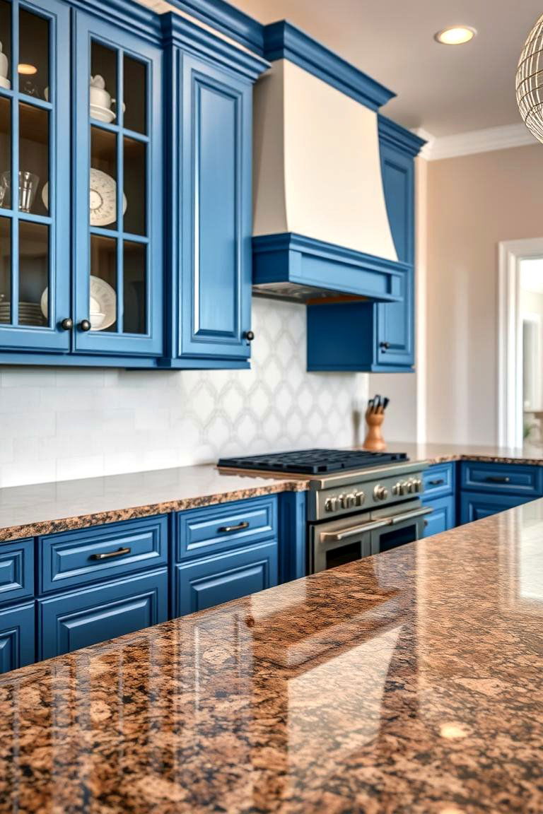 Meticulous Attention to Detail - 24 blue kitchen cabinets with brown granite countertops