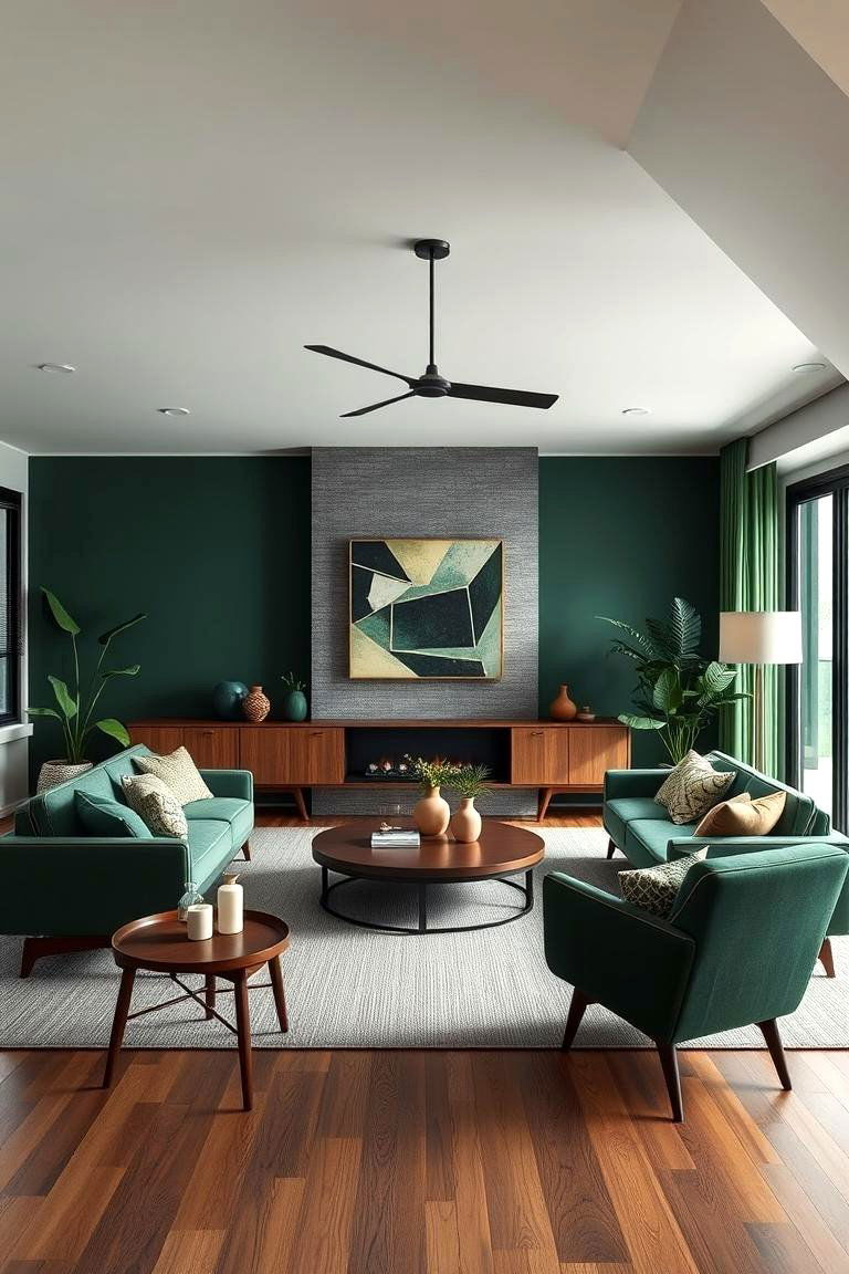 Mid Century Modern Dark Green Touch - 24 Dark Green Living Room Ideas