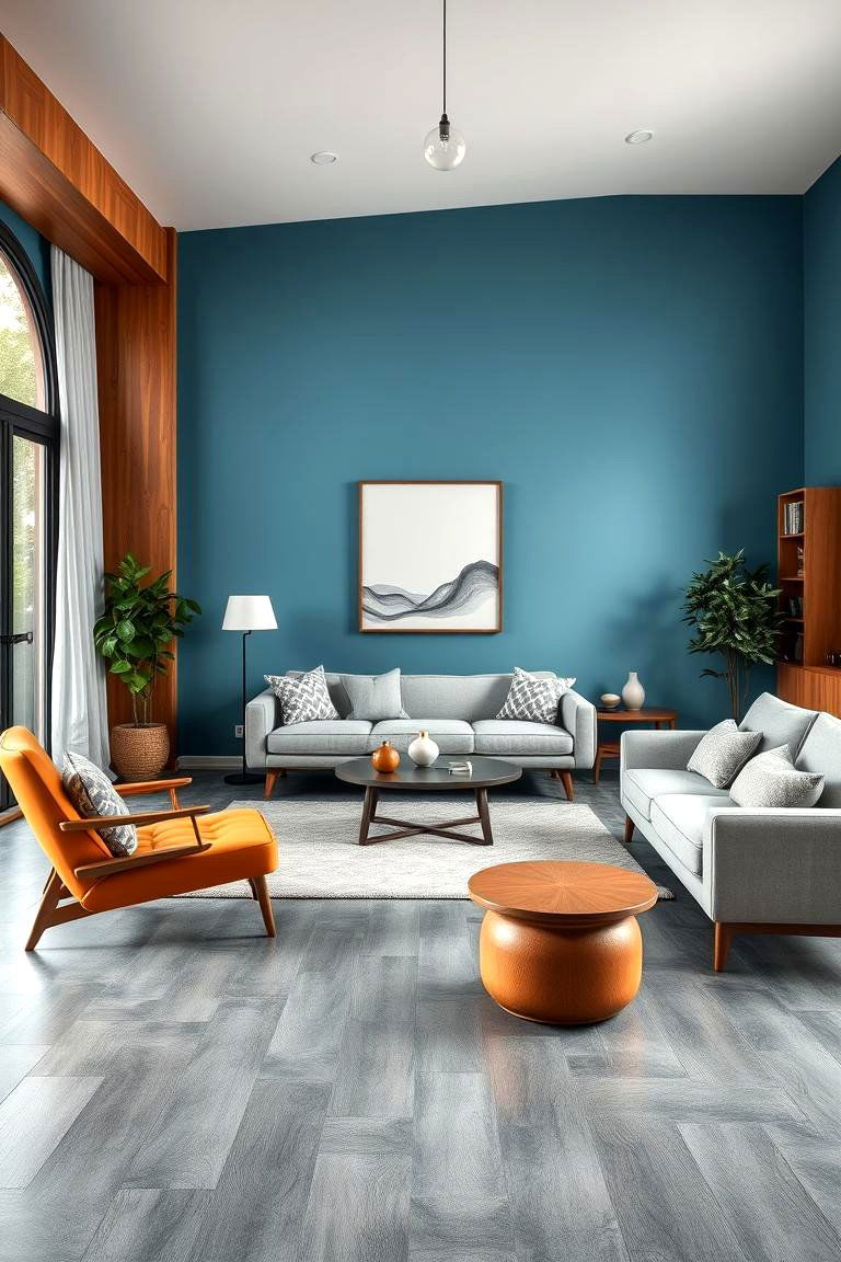 Mid Century Modern Fusion - 24 grey floor living room with blue walls ideas