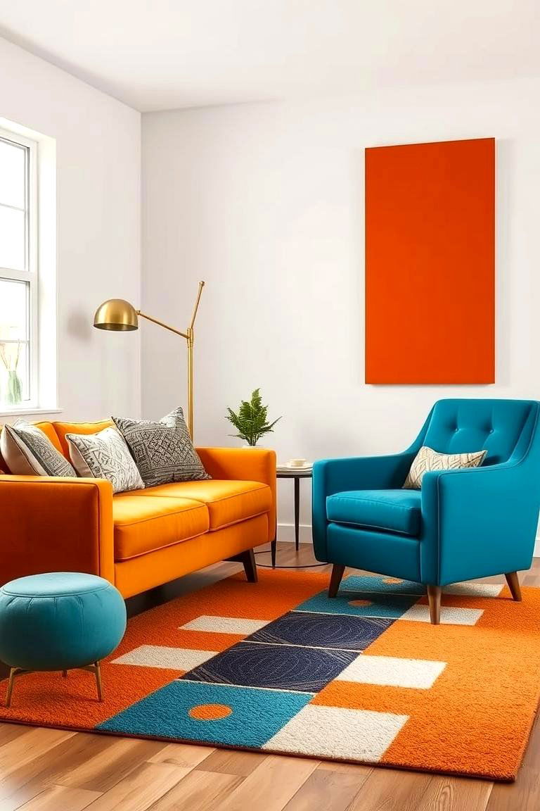 Mid Century Modern Orange and Blue Design - 24 orange and blue living room ideas