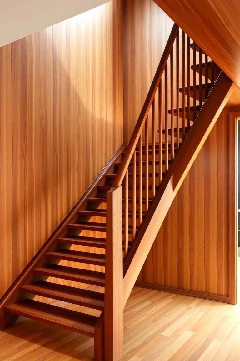 Mid Century Modern Teak Staircase with Angled Supports - 24 Wooden Staircase Ideas