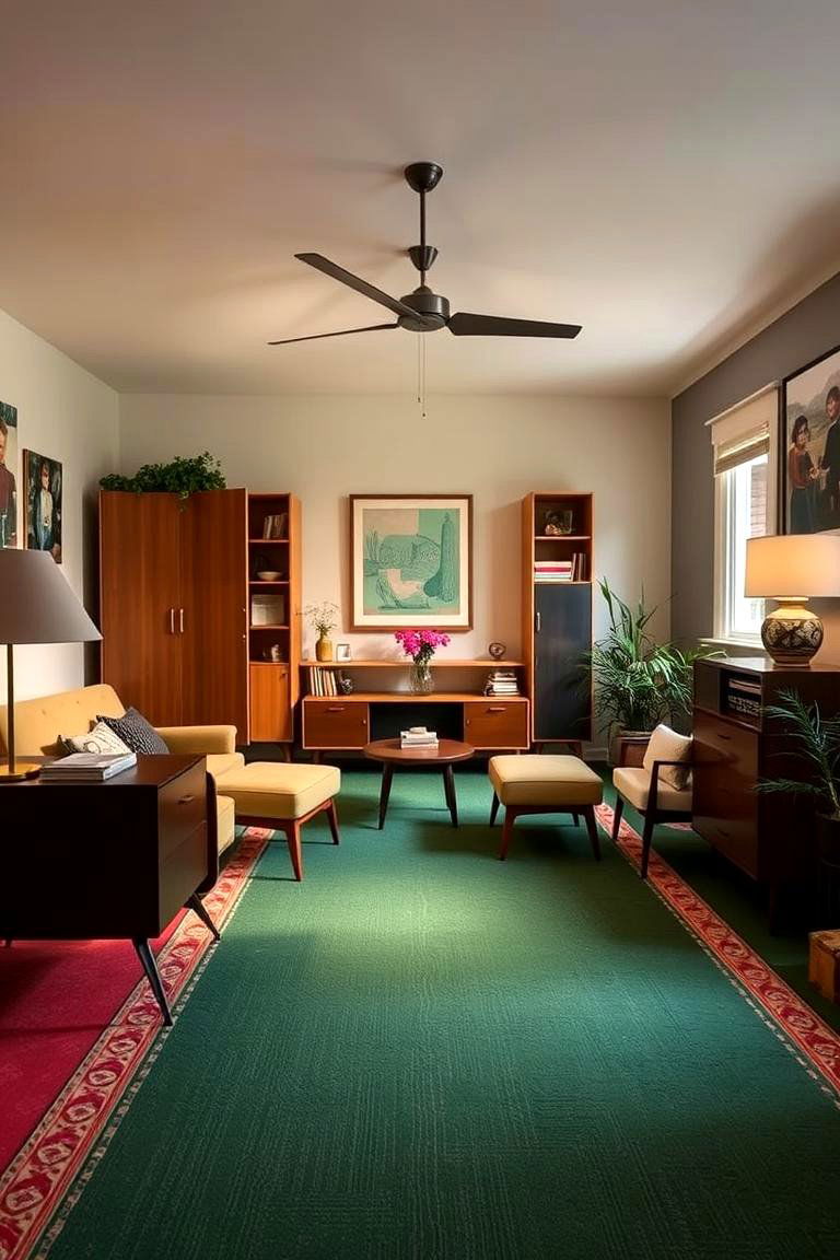 Mid Century Modern with a Green Twist - 24 Green Carpet Living Room Ideas