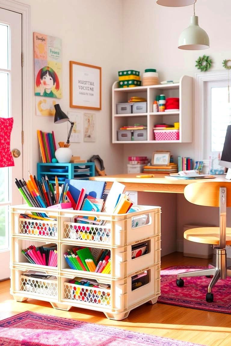 Milk Crate Craft Supply Organizer - 24 Milk Crate Storage Ideas