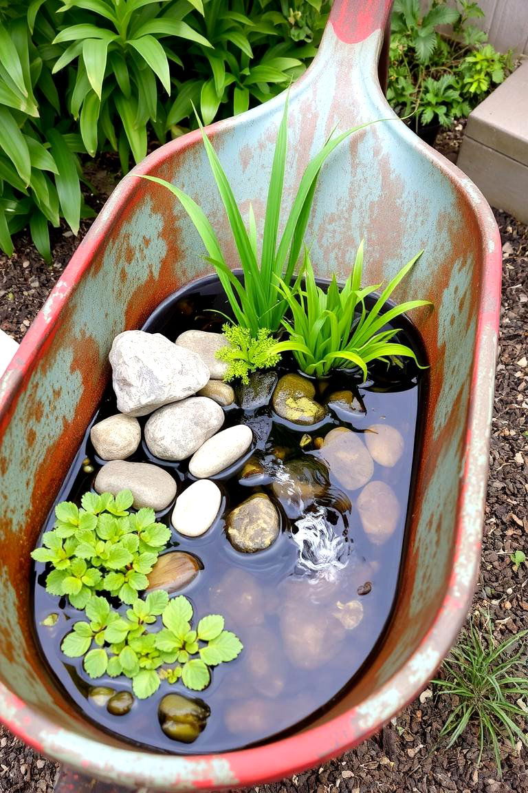 Miniature Pond with Rustic Flair - 24 Old Wheelbarrow Ideas