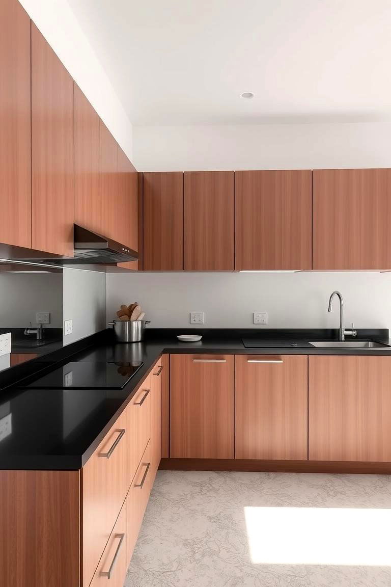 Minimalist Appeal with Bold Contrast - 24 Brown Kitchen Cabinets With Black Countertops