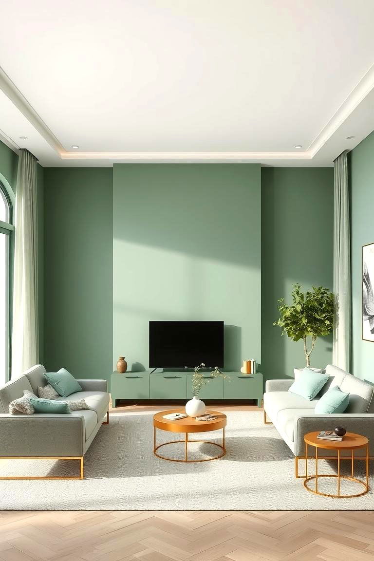 Minimalist Appeal with Subtle Green Hues and Gold Highlights - 24 Green and Gold Living Room Ideas