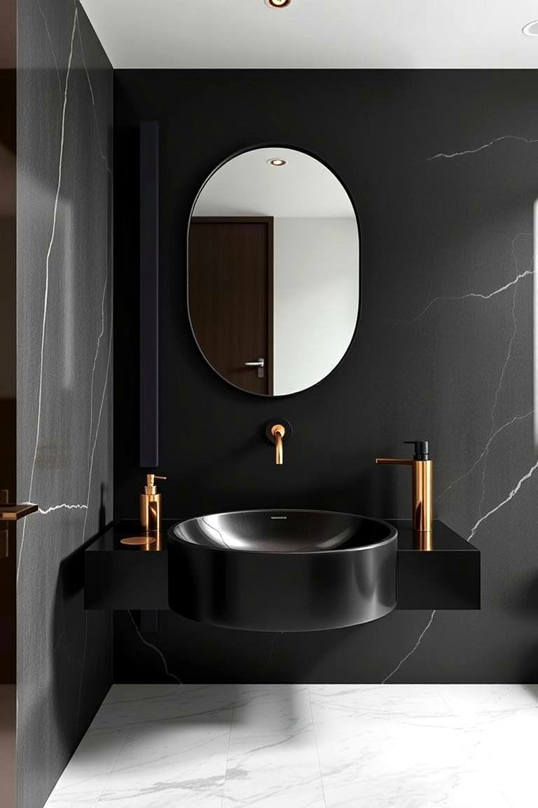 Minimalist Black Basin with Gold Fixtures - 24 Black and Gold Bathroom Ideas