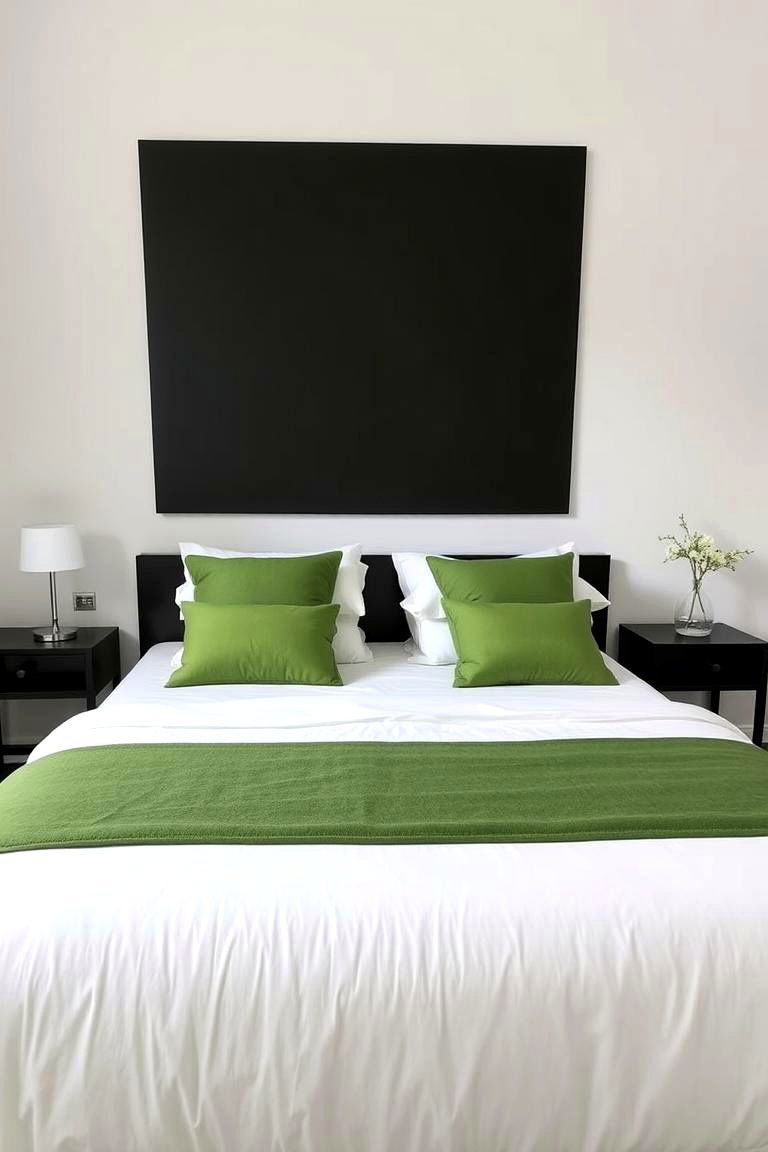 Minimalist Black Bed Frames with Green Pillows - 24 Black and Green Bedroom Design Ideas