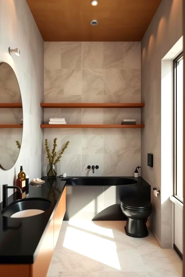 Minimalist Black Countertop with Wooden Accents - 24 bathroom with black countertops ideas