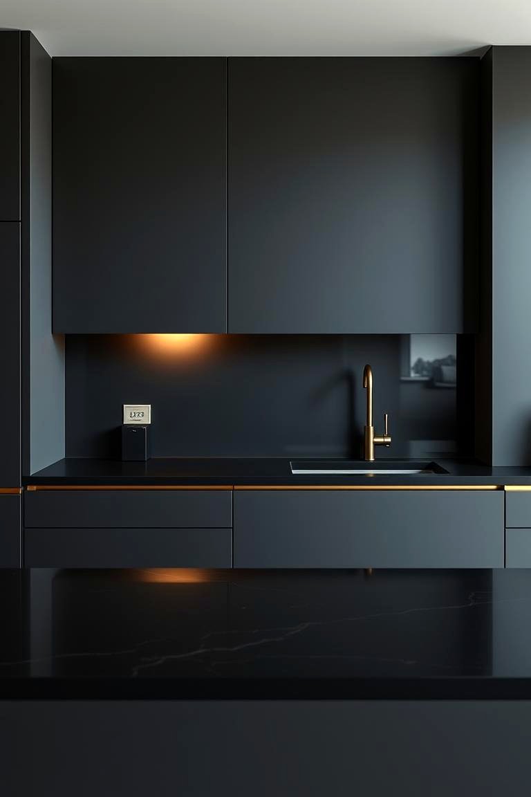 Minimalist Black Countertops with Gold Details - 24 Black and Gold Kitchen Ideas