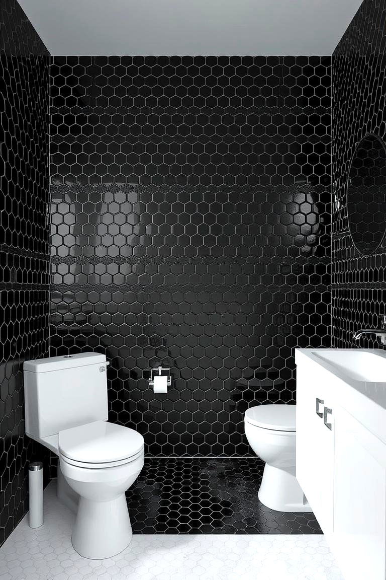Minimalist Black Hexagon Style - 24 Black Floor Bathroom Ideas