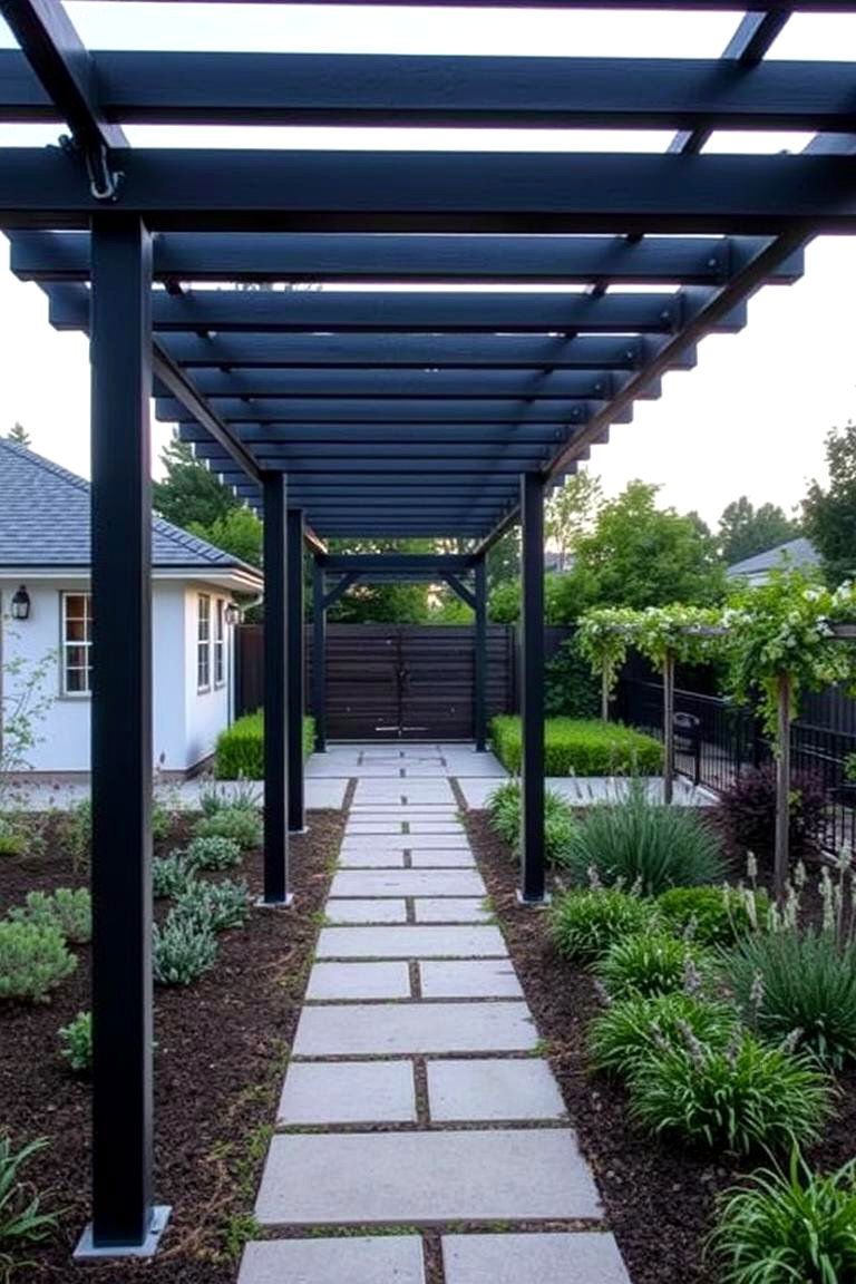 Minimalist Black Pergola - 24 Black Modern Farmhouse Exterior Design Ideas