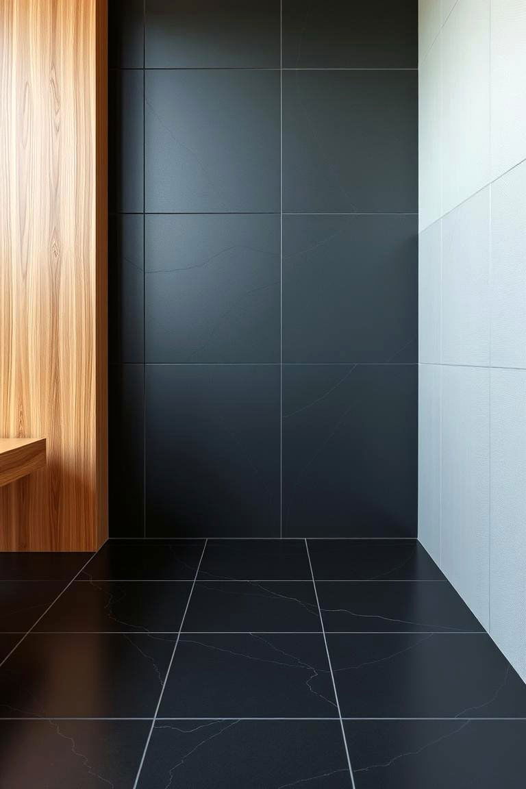 Minimalist Black Tiles with Warm Wood Elements - 24 Black and Wood Bathroom Ideas