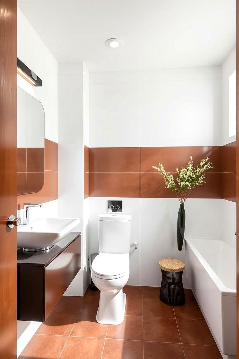 Minimalist Brown and White Color Blocking Design - 24 Brown and White Bathroom Ideas