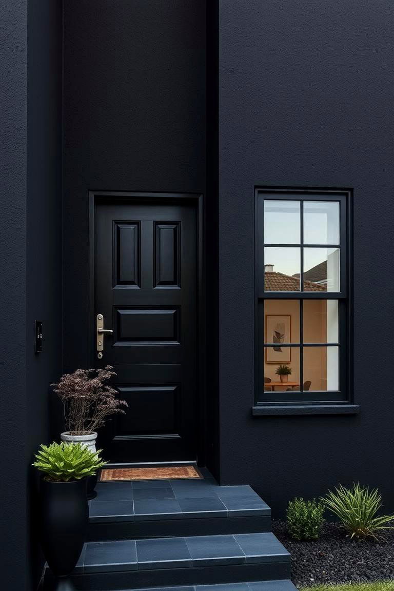 Minimalist Charm in Dark Hues - 24 Black Stucco House Ideas