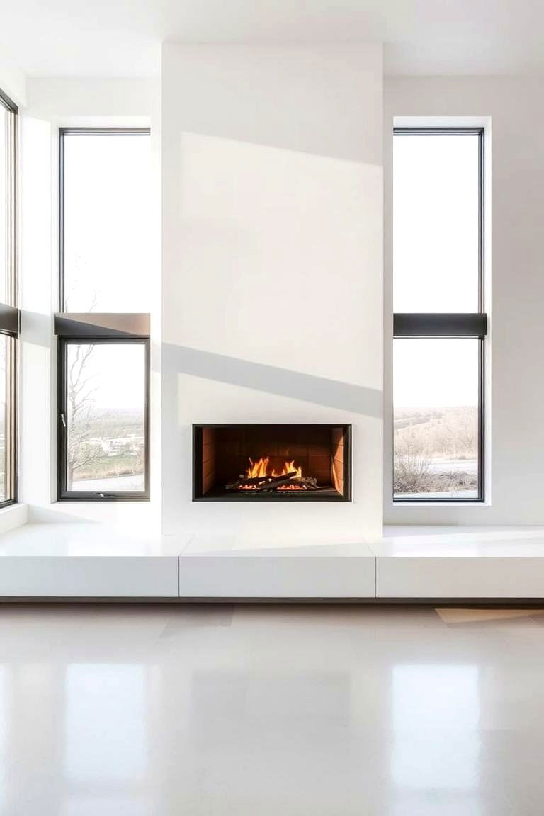 Minimalist Fireplace with Large Windows - 24 Fireplace Between Windows Ideas