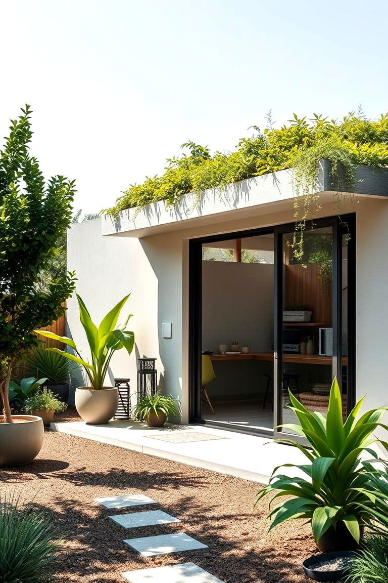 Minimalist Garden Office with Green Roof - 24 Garden Office Ideas