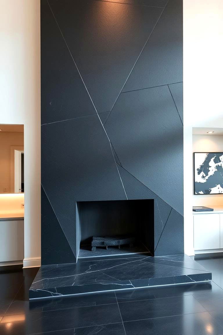 Minimalist Geometric Design - 24 Black Stone Fireplace Ideas