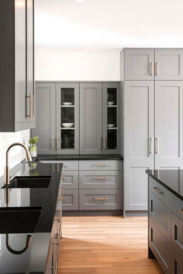 Minimalist Hardware Finishes - 24 Kitchen With Gray Cabinets And Black Countertops Ideas