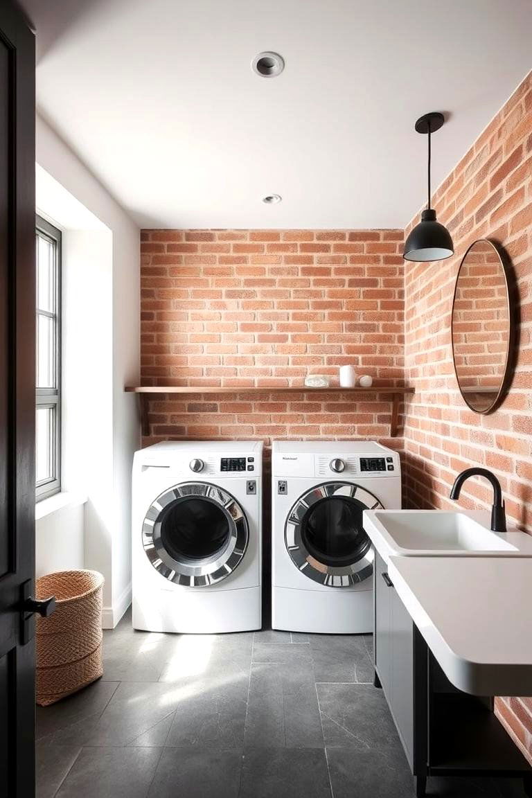 Minimalist Industrial - 24 Brick Floor Laundry Room Ideas