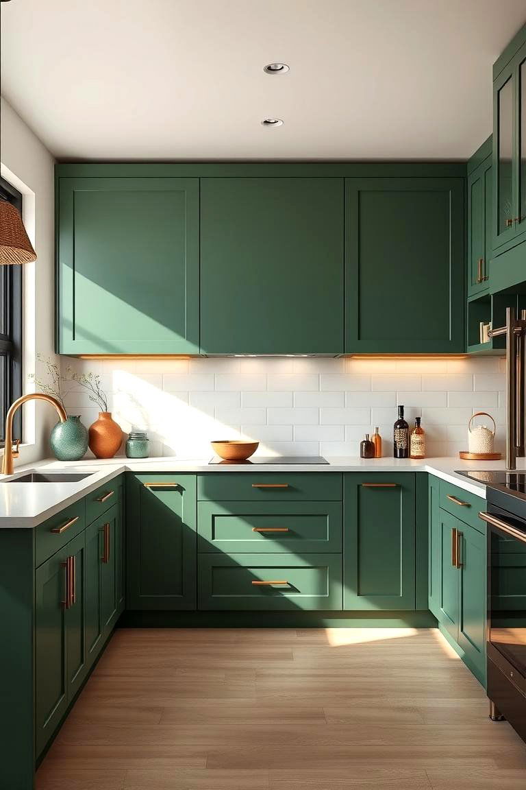 Minimalist Kitchen Design Featuring Green Cabinets and Copper Accents - 24 Green and Copper Kitchen Ideas