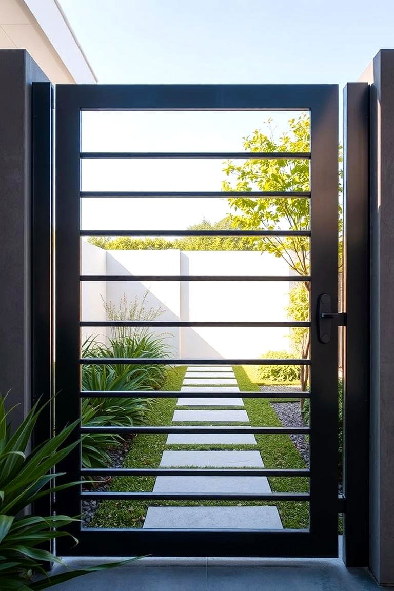 Minimalist Linear Metal Gate - 24 Metal Garden Gate Ideas