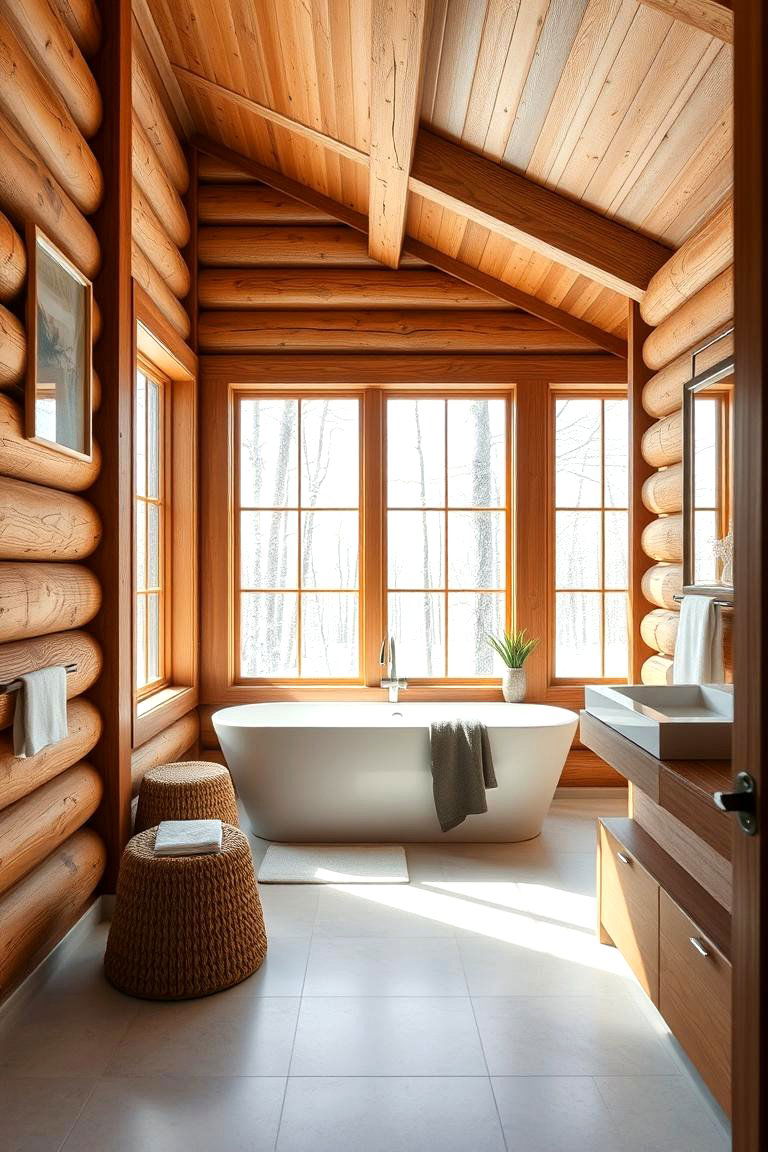 Minimalist Log Cabin Bath with Natural Light - 24 Log Cabin Bathroom Ideas