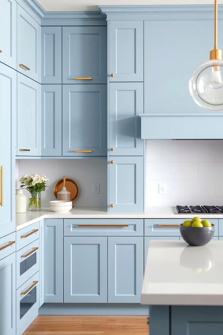 Minimalist Luxe Appeal - 24 blue kitchen cabinets with gold hardware