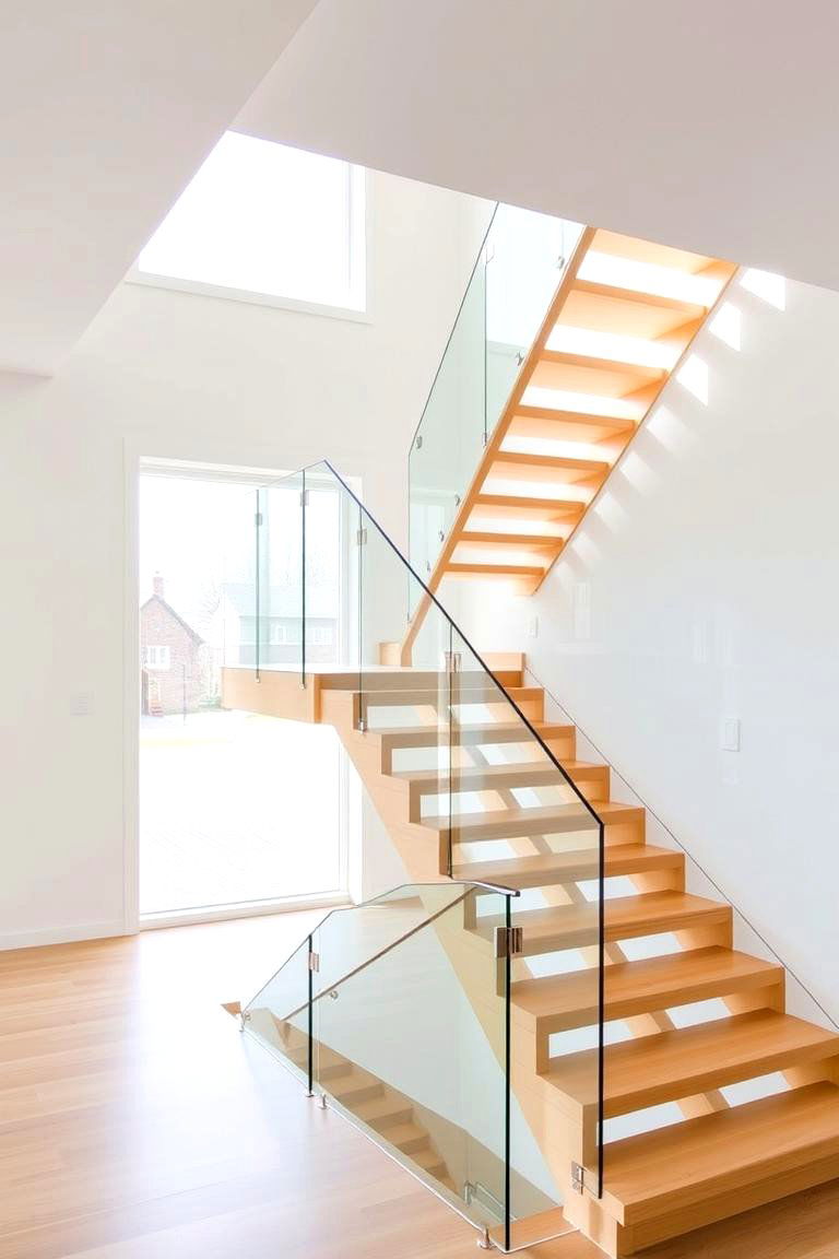 Minimalist Maple Staircase with Glass Balustrades - 24 Wooden Staircase Ideas